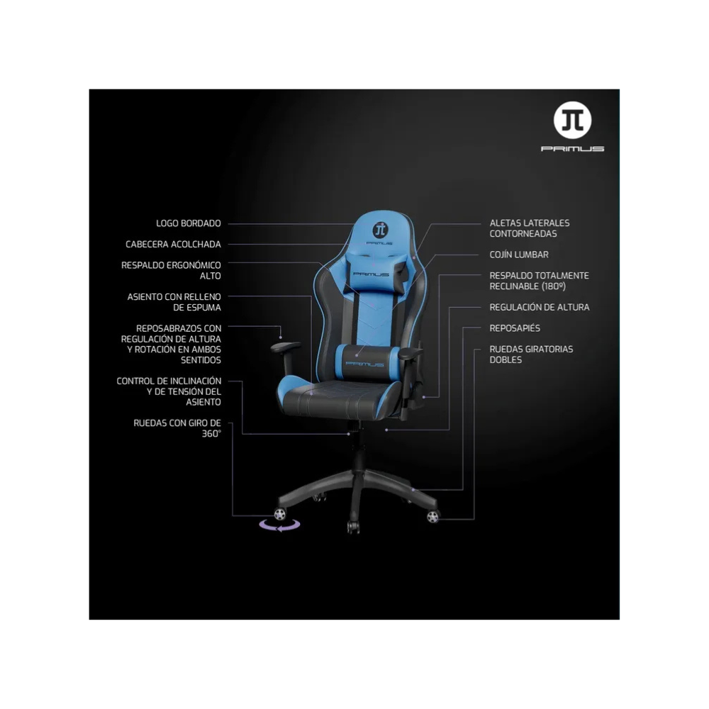Silla Gamer Primus Thronos 100T – Negra/Azul | Ergonómica | Reclinable