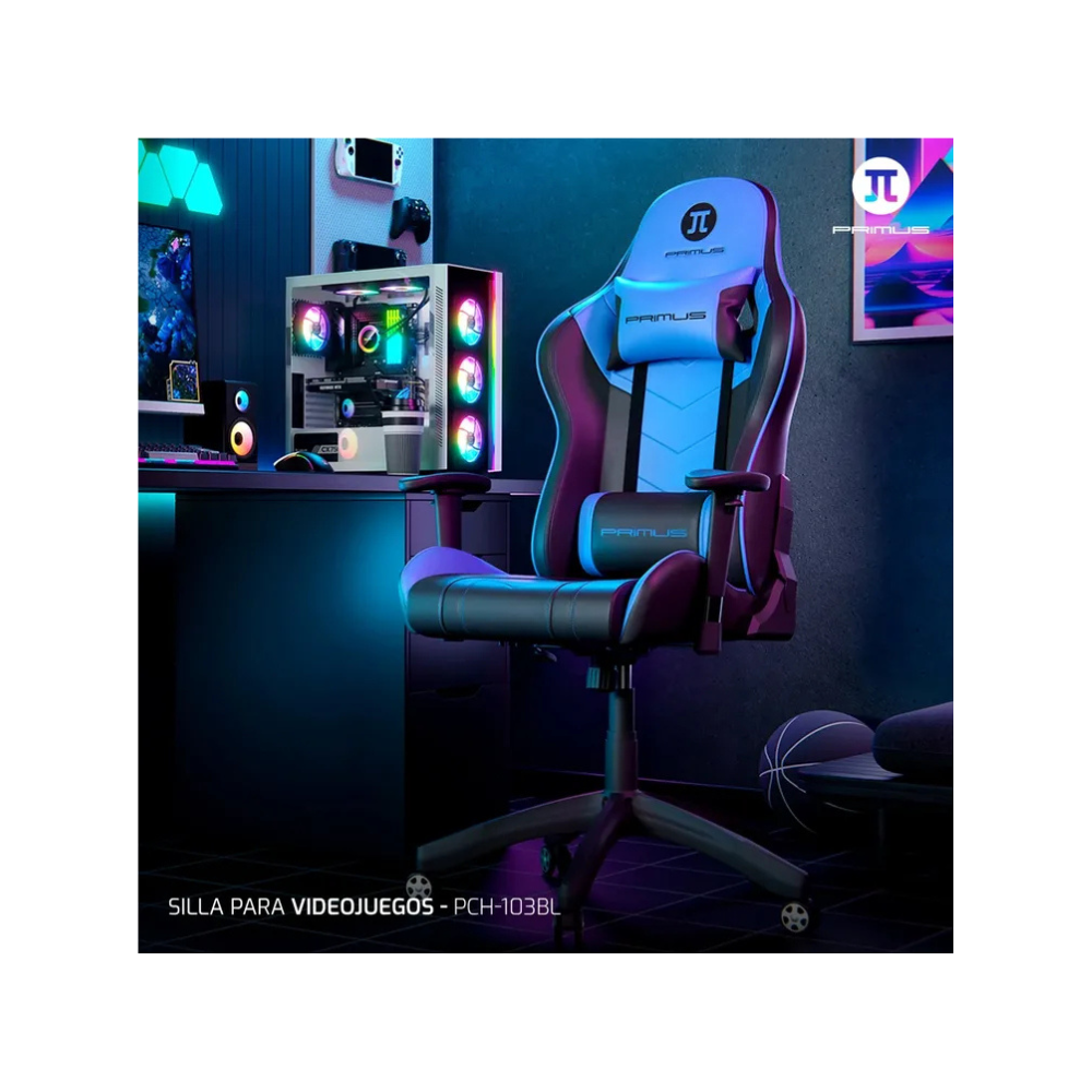 Silla Gamer Primus Thronos 100T – Negra/Azul | Ergonómica | Reclinable