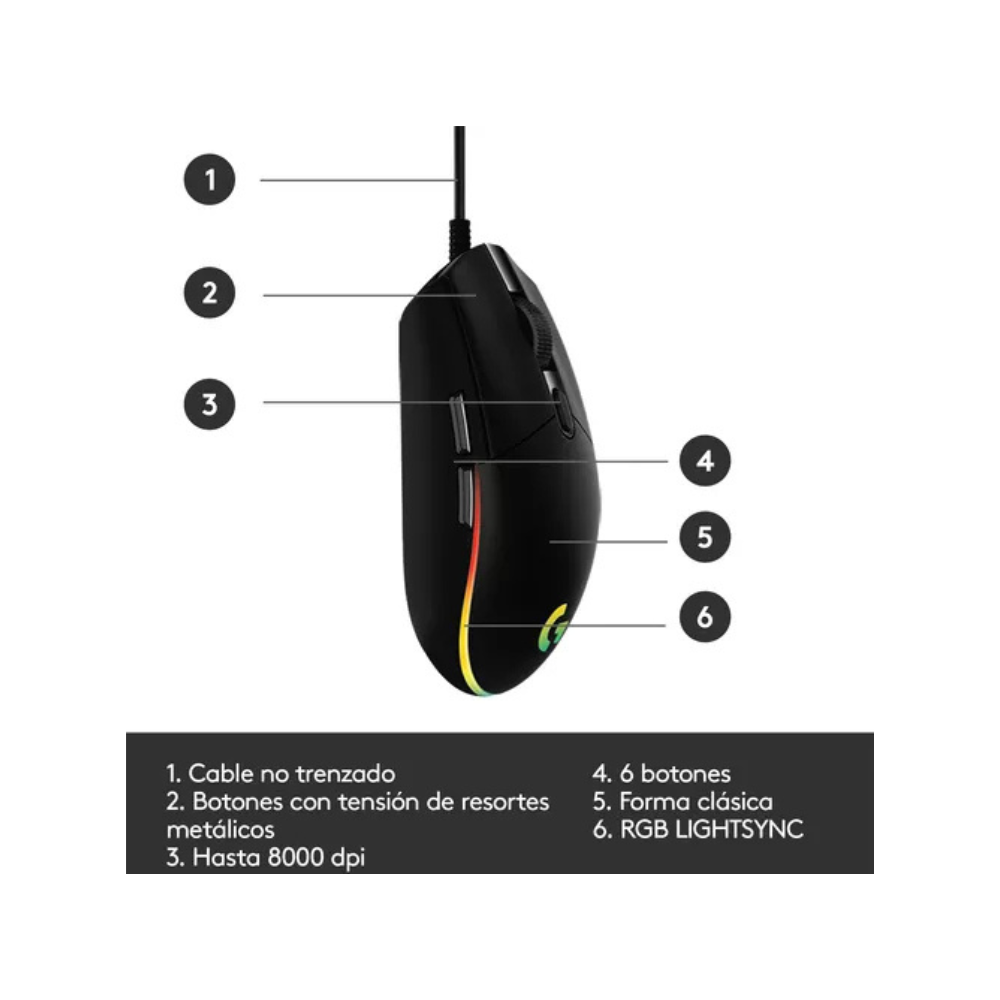 Mouse Logitech G203 Lightsync RGB – Negro