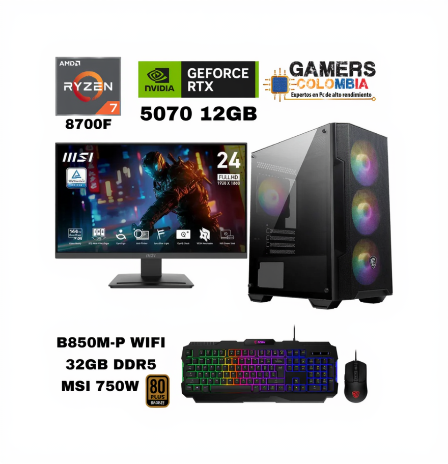 PC Gamer con GeForce RTX 5070 | Ryzen 7 8700F  | 32GB DDR5 | 500GB NVMe | Monitor ASUS TUF 144Hz