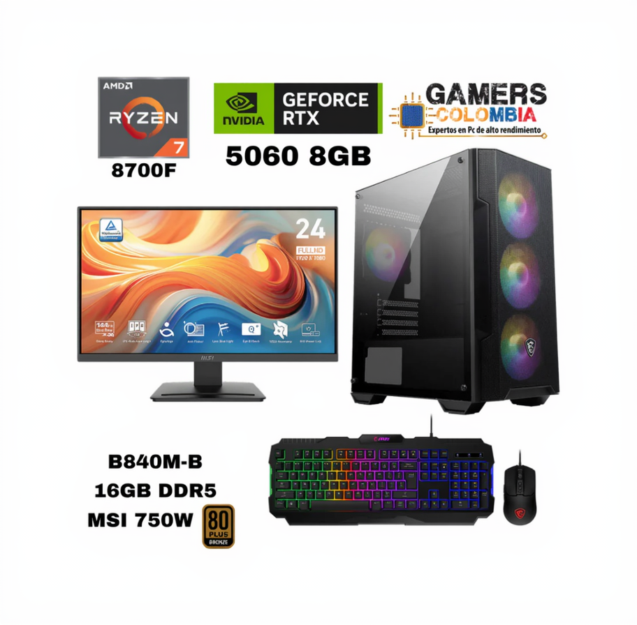 PC Gamer con GeForce RTX 5060 | Ryzen 7 8700F  | 16GB DDR5 | 500GB NVMe | Monitor 144Hz