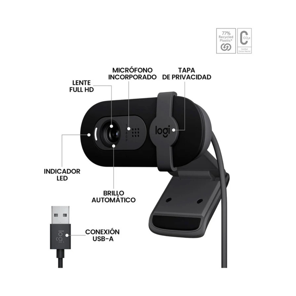 CÁMARA WEB LOGITECH BRIO 100 - FULL HD 1080P | MICRÓFONO INTEGRADO | USB-A | RIGHTLIGHT 2 | TAPA DE PRIVACIDAD