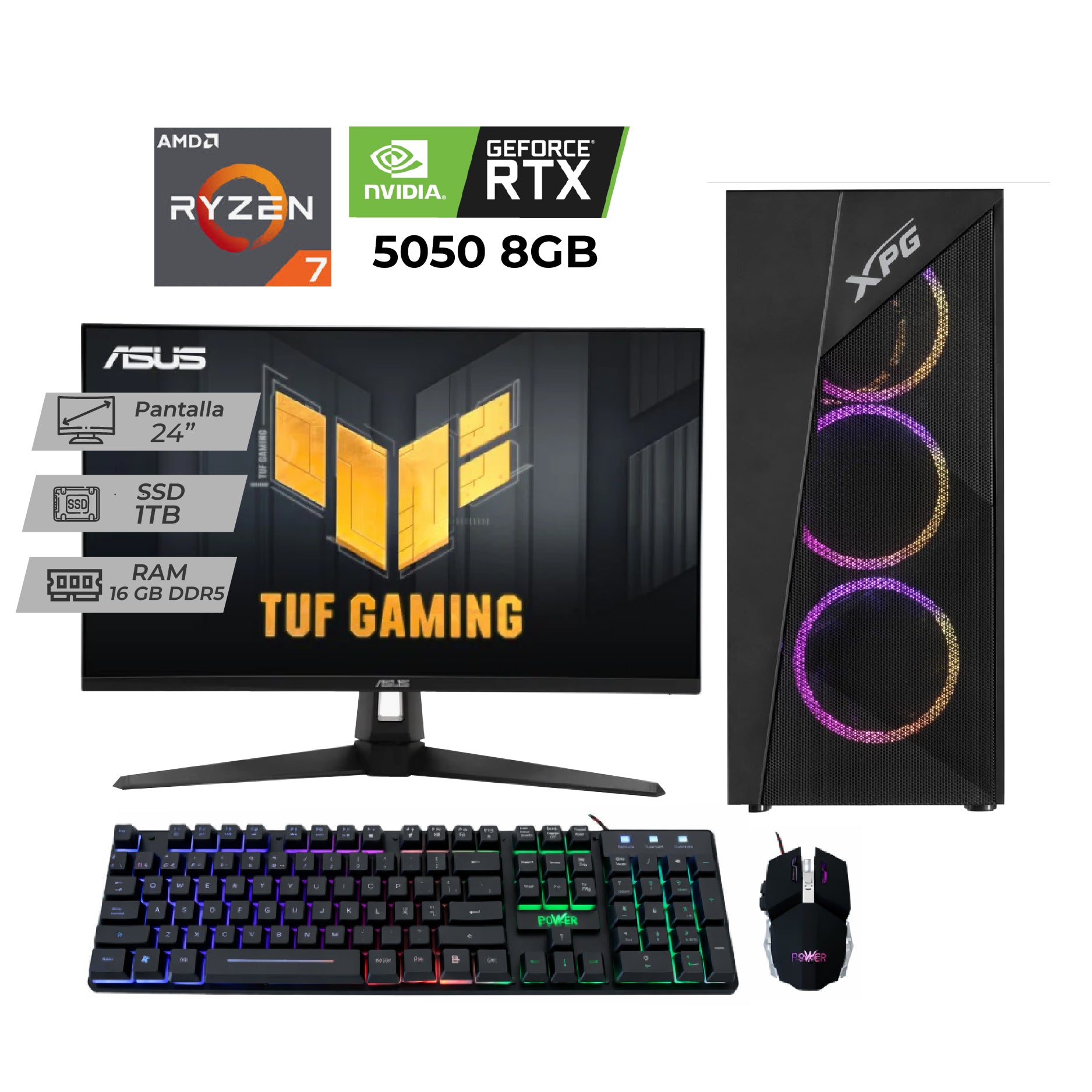PC Gamer Ryzen 7 8700F + RTX 5050 8GB | DDR5 16GB | 1TB NVMe | Monitor ASUS TUF 144Hz