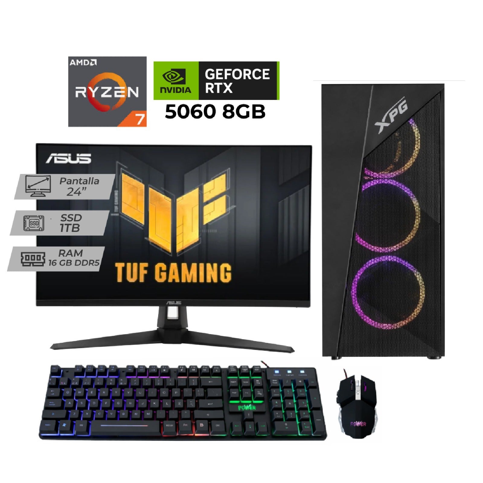 PC Gamer con GeForce RTX 5060 | Ryzen 7 8700F | DDR5 16GB | 1TB NVMe | Monitor ASUS TUF 144Hz